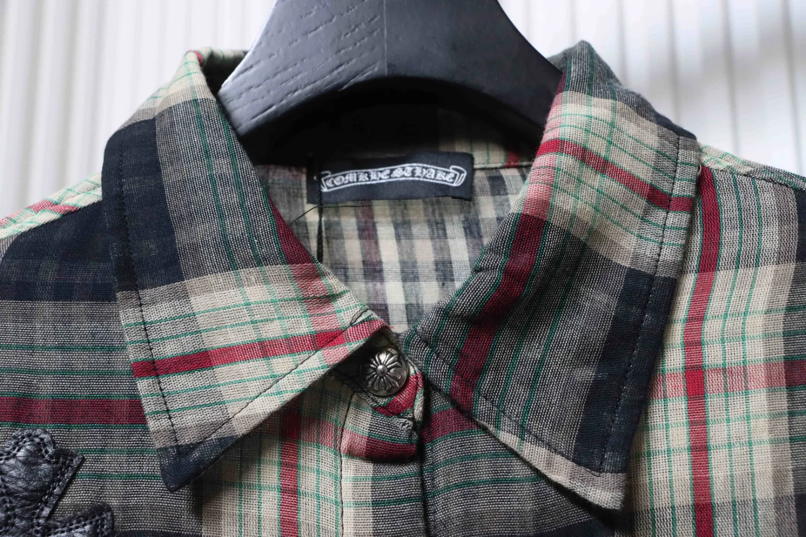 Leather Cross Patch Plaid Long Sleeve T-Shirt - Collar
