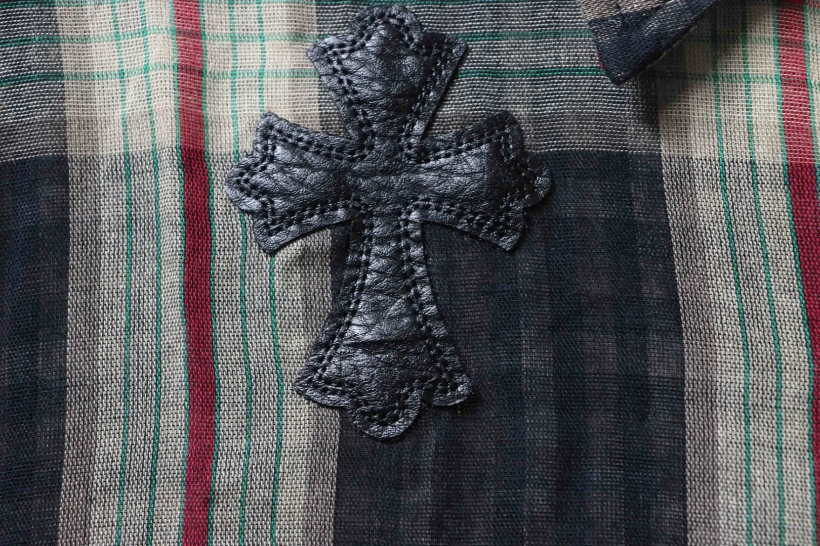 Leather Cross Patch Plaid Long Sleeve T-Shirt - Cross Leather