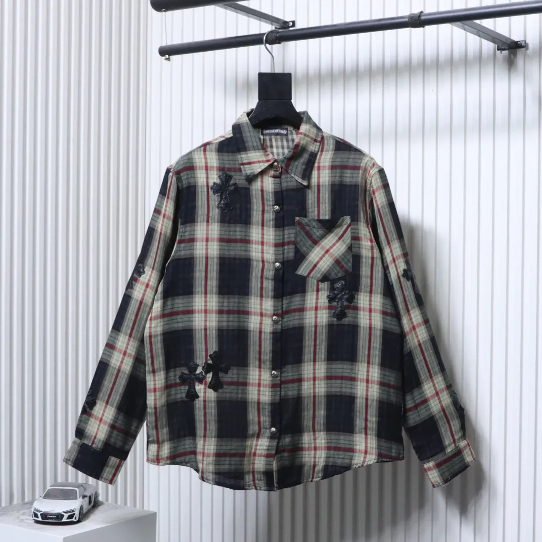 Leather Cross Patch Plaid Long Sleeve T-Shirt - Front View