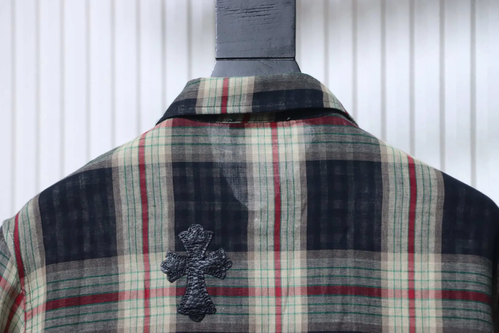 Leather Cross Patch Plaid Long Sleeve T-Shirt - Rear View Details