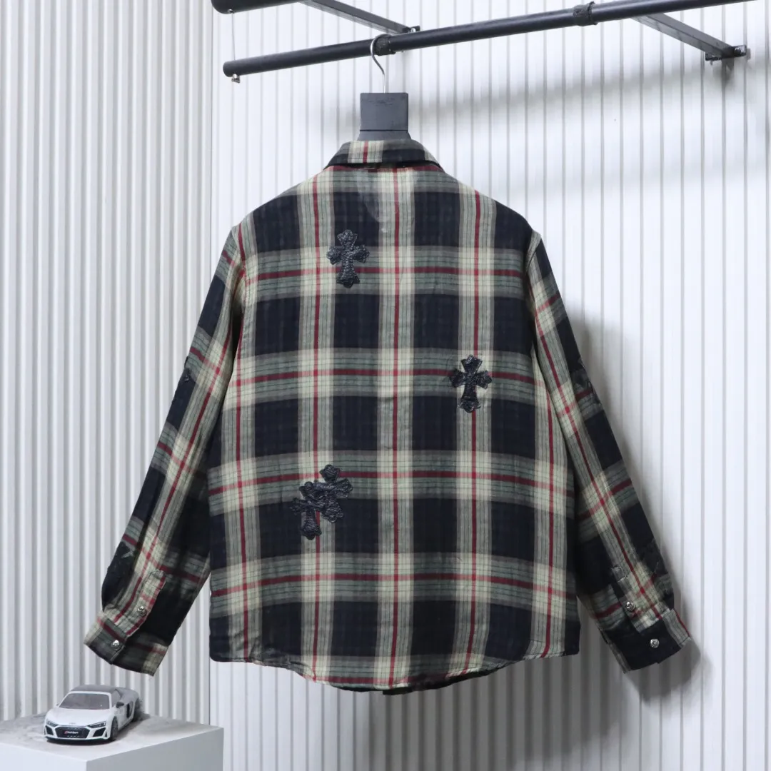 Leather Cross Patch Plaid Long Sleeve T-Shirt - Rear View