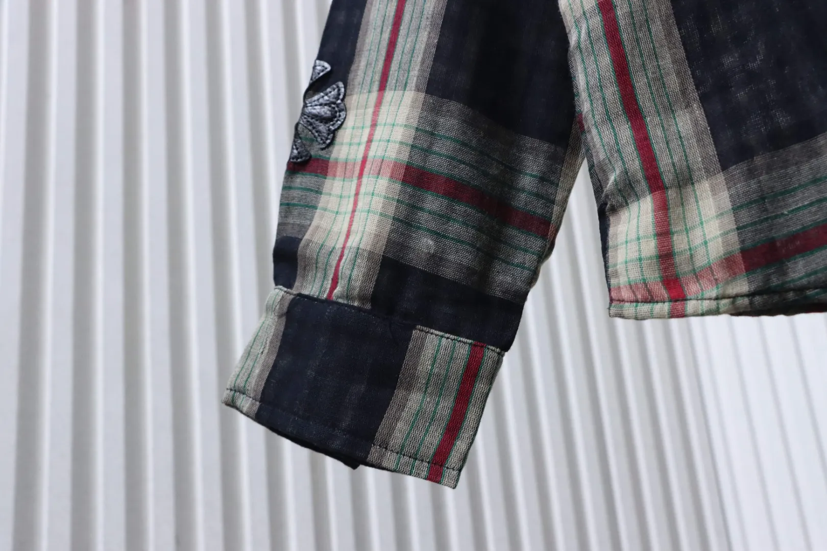 Leather Cross Patch Plaid Long Sleeve T-Shirt - Sleeve