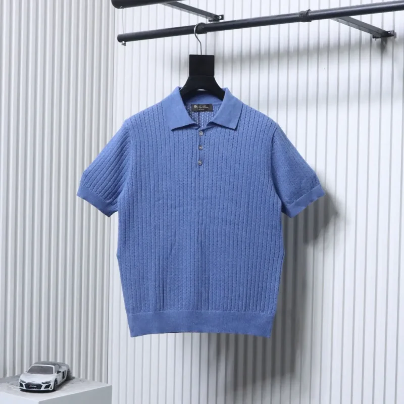 Ribbed Knit Short Sleeve Polo T-Shirt