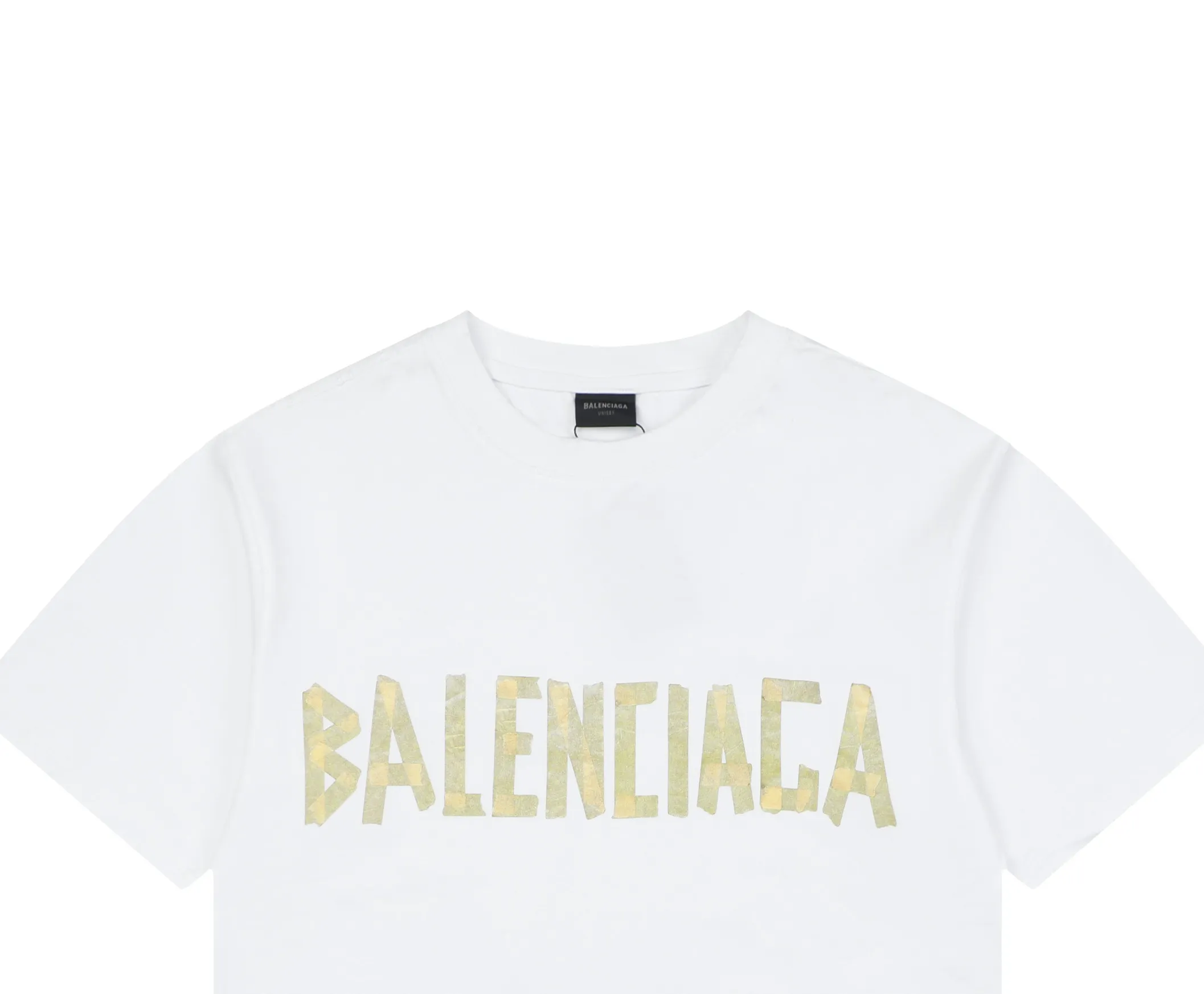 Yellow Tape Logo Print Oversized T-Shirt - Neckline