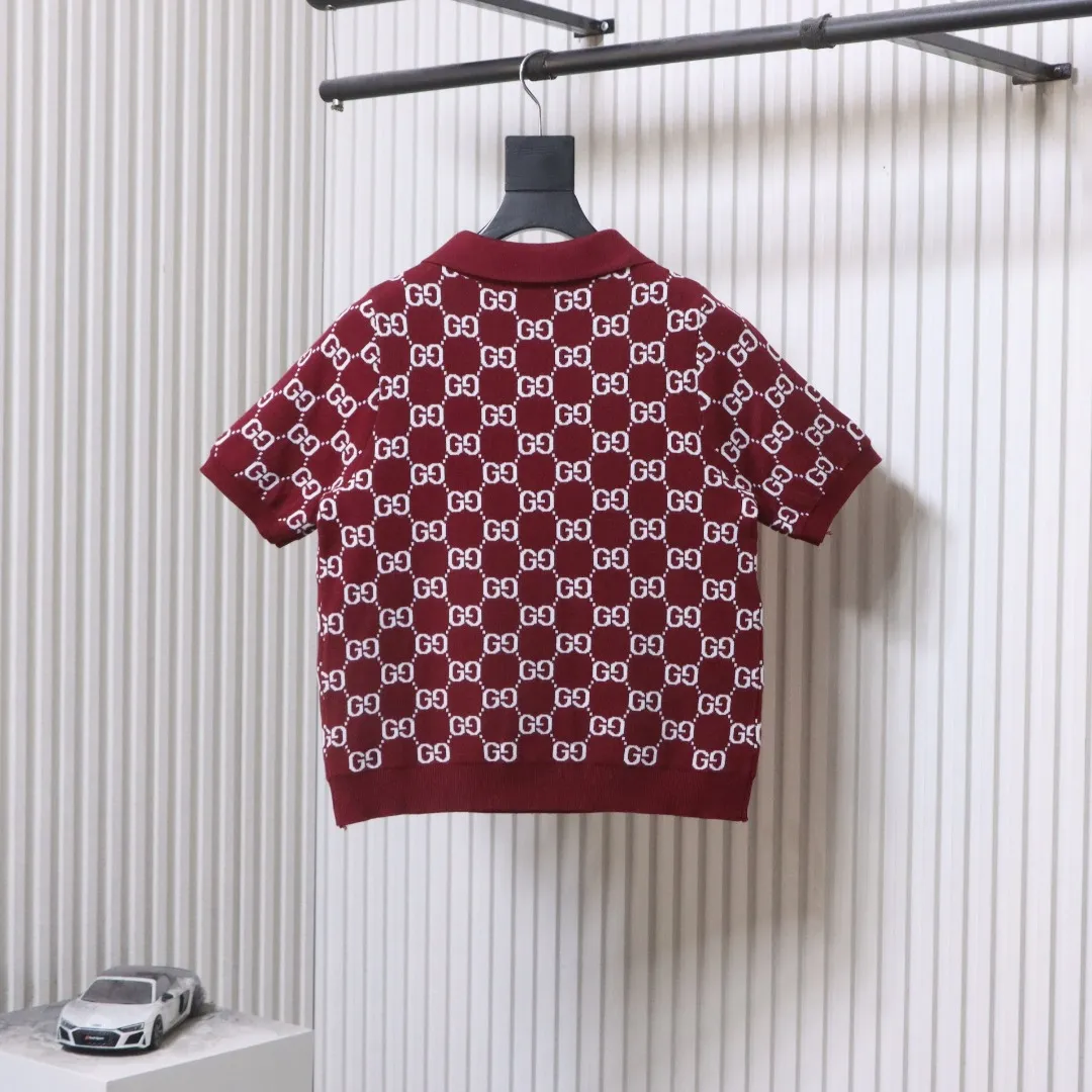 All-Over Jacquard Knit Polo T-Shirt - Rear View red