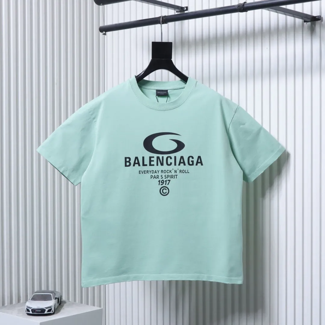 Balenciaga Circular Letter Print Distressed T-Shirt - Front View Mint Green