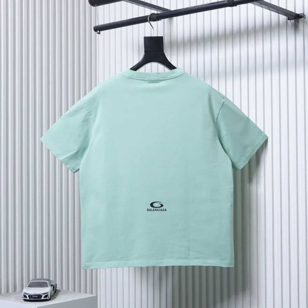 Balenciaga Circular Letter Print Distressed T-Shirt - Rear View Mint Green