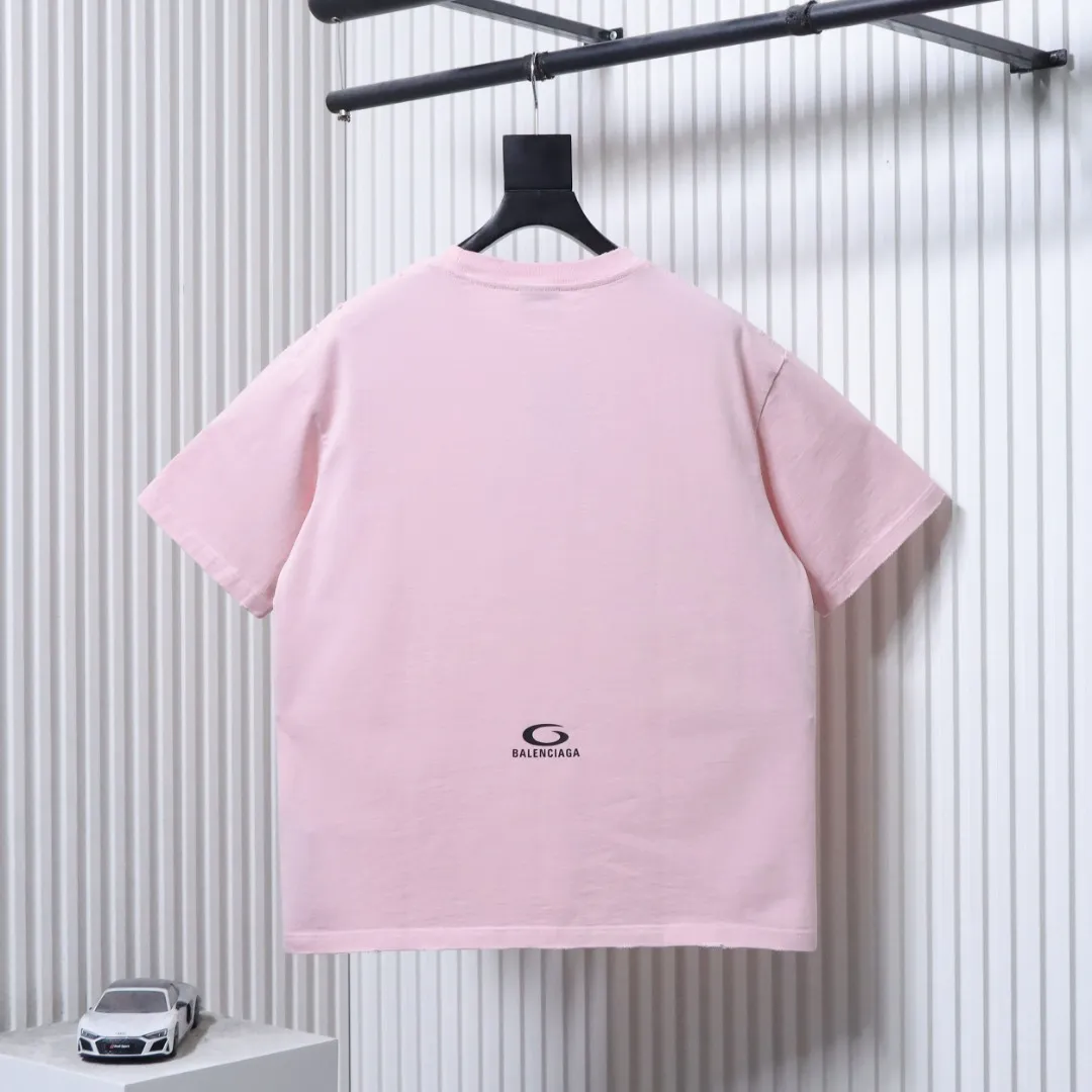 Balenciaga Circular Letter Print Distressed T-Shirt - Rear View Pink