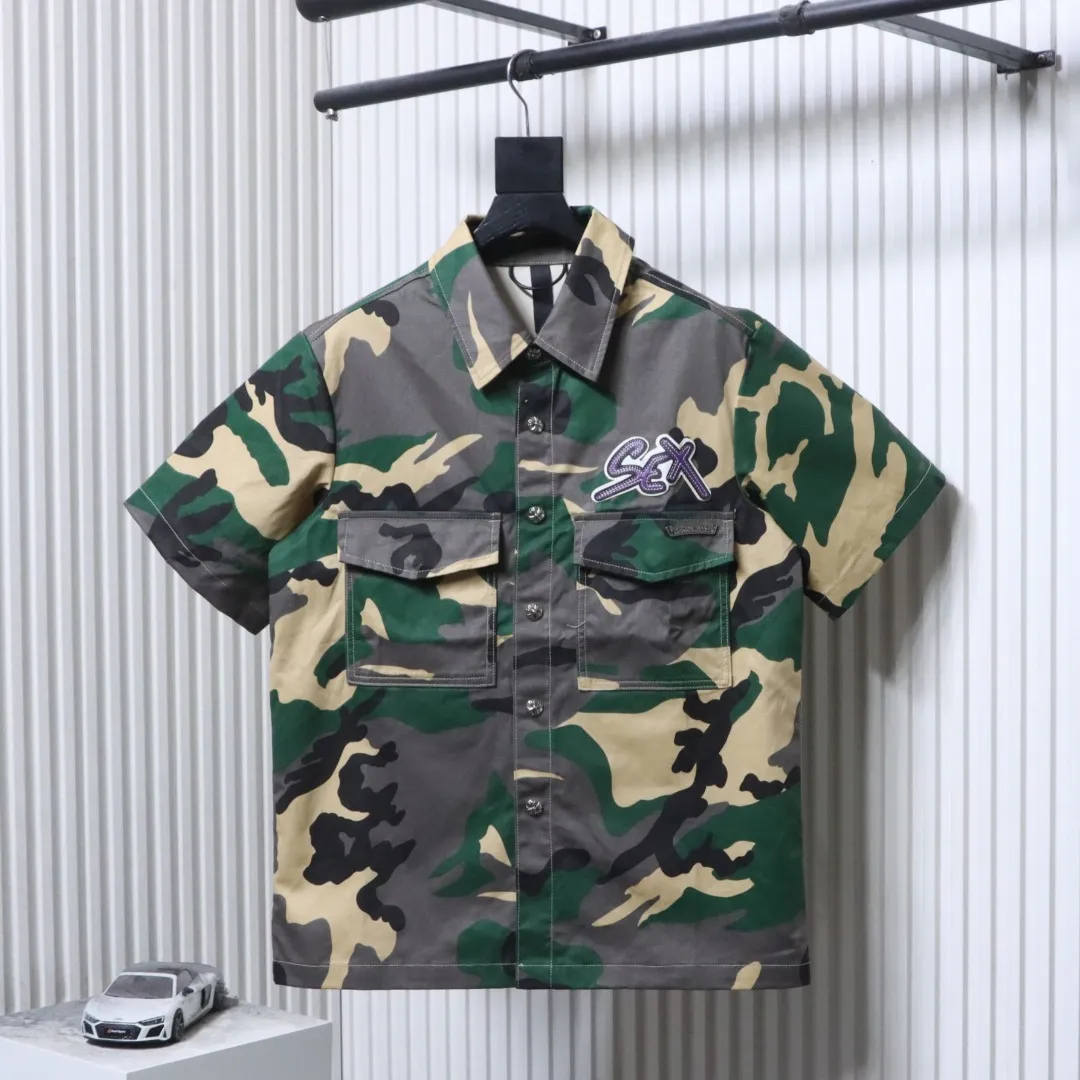 Camouflage Denim Short Sleeve Set - Front View Green