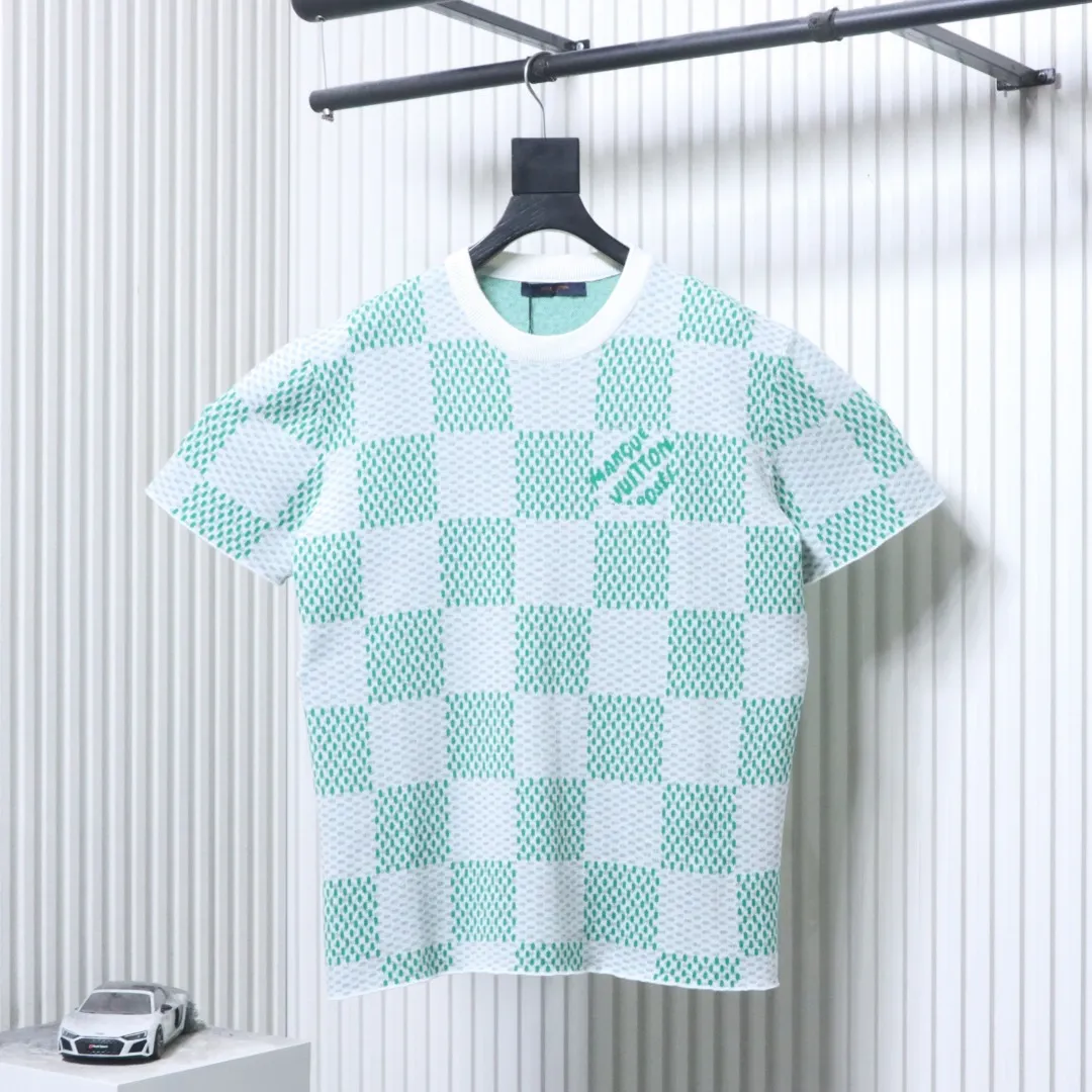 Checkered Knit Jacquard Short Sleeve T-Shirt - Front View