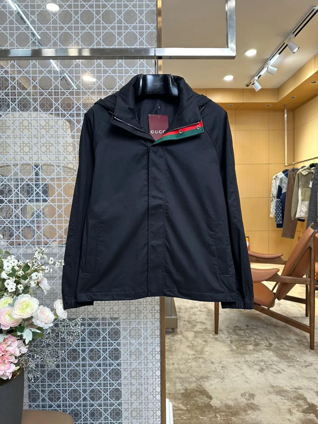 Classic Web Stripe Hooded Windbreaker Jacket - Front View Black