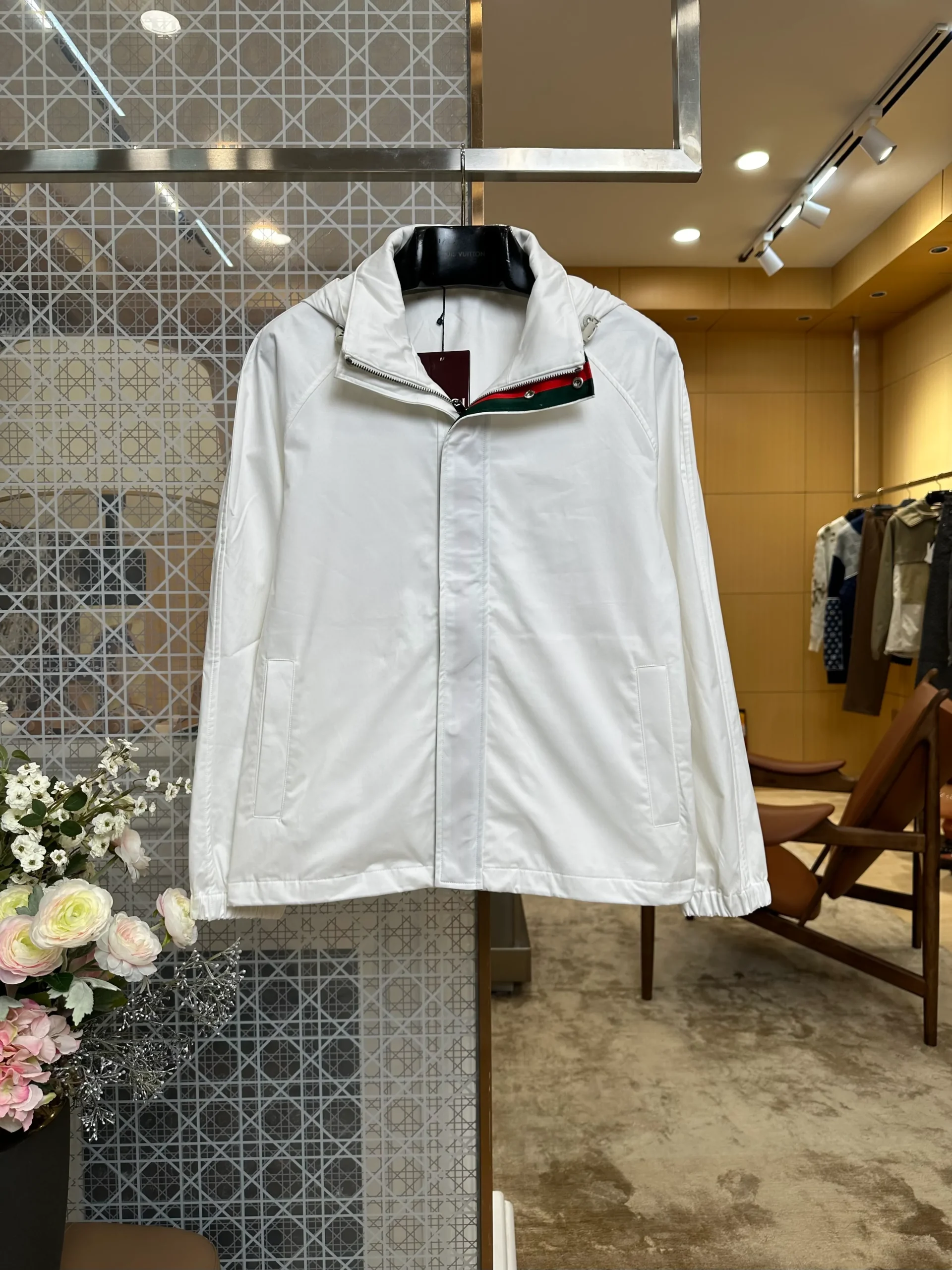 Classic Web Stripe Hooded Windbreaker Jacket - Front View White