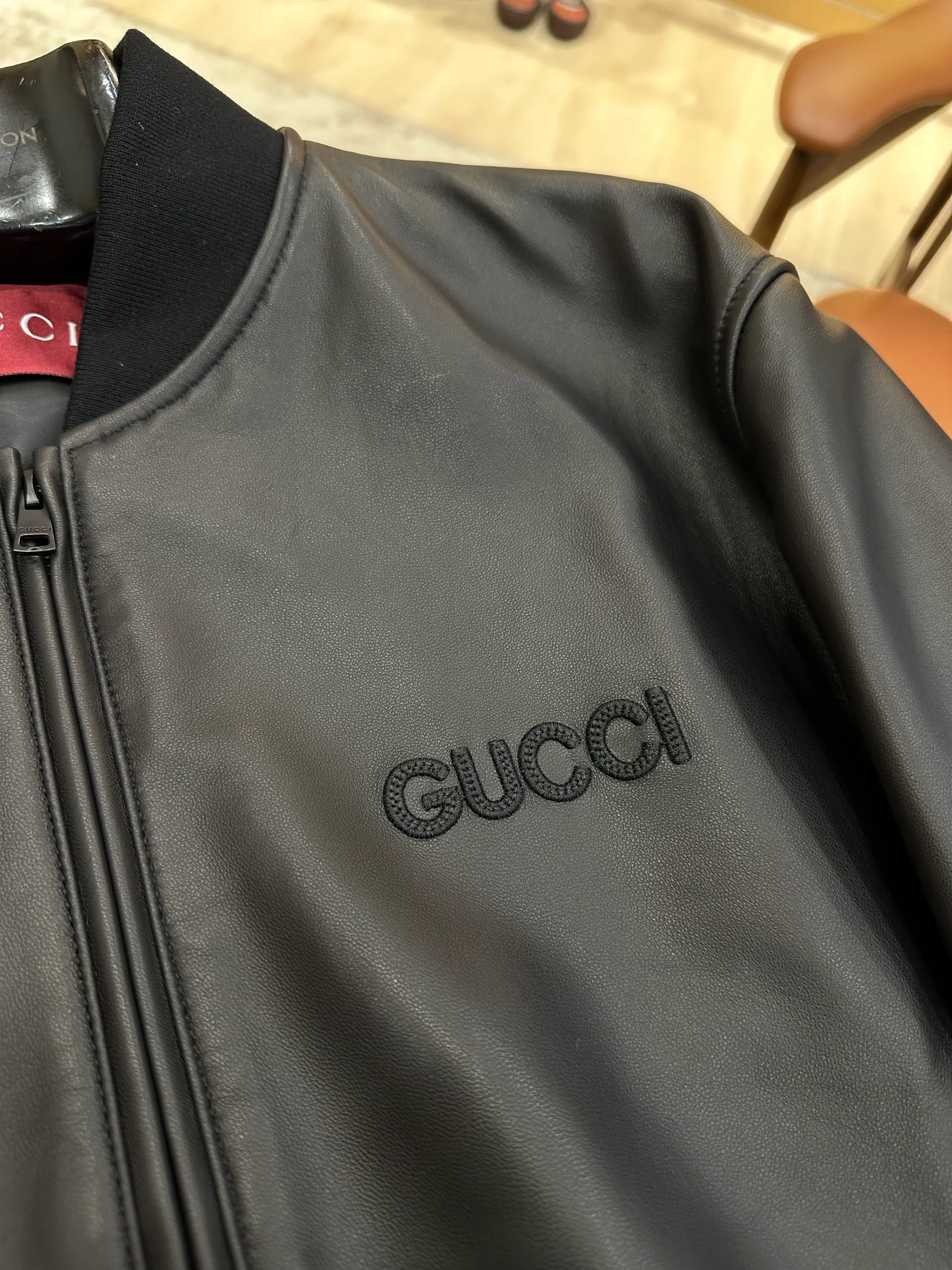 Embroidered Logo Baseball Collar Leather Jacket - Brand Logo