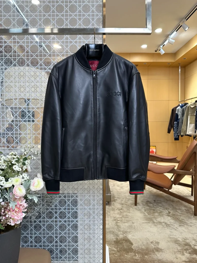 Embroidered Logo Baseball Collar Leather Jacket