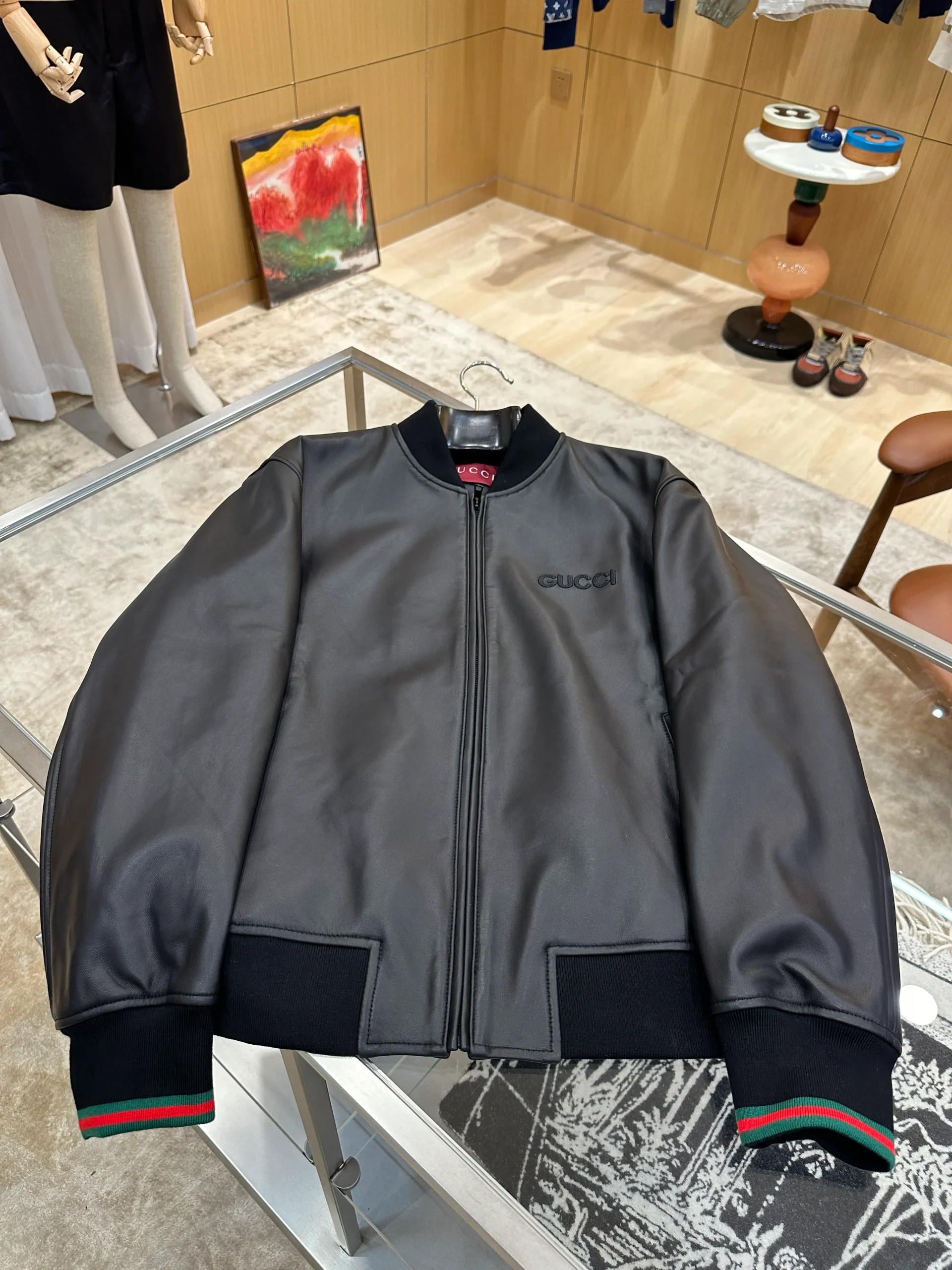 Embroidered Logo Baseball Collar Leather Jacket - Front View Horizontal