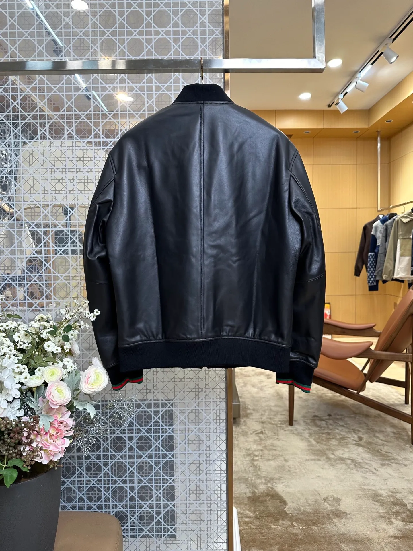 Embroidered Logo Baseball Collar Leather Jacket - Rear View