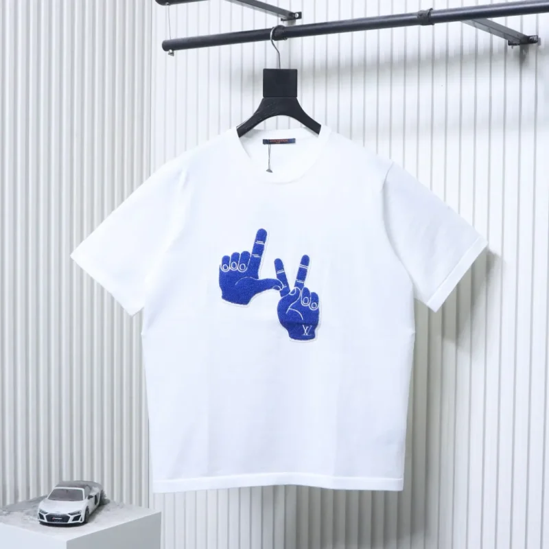 Hand Gesture Logo Embroidered Knit Short Sleeve T-Shirt