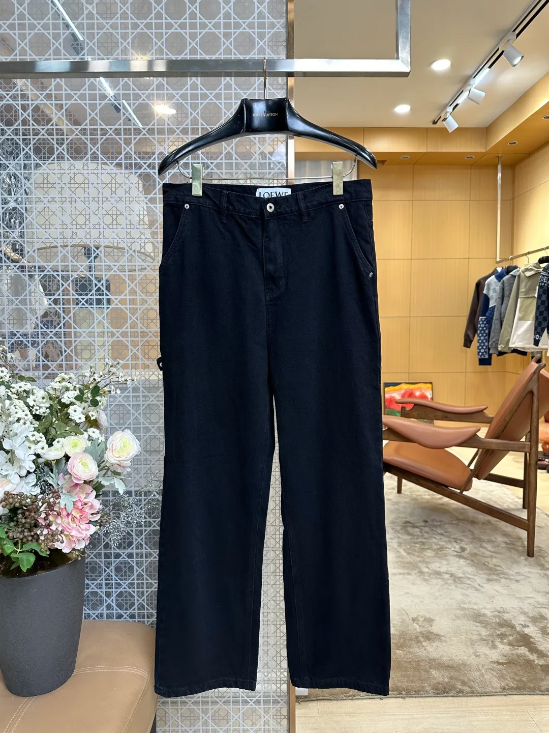 Leather Trim Wide-Leg Jeans - Front View Black