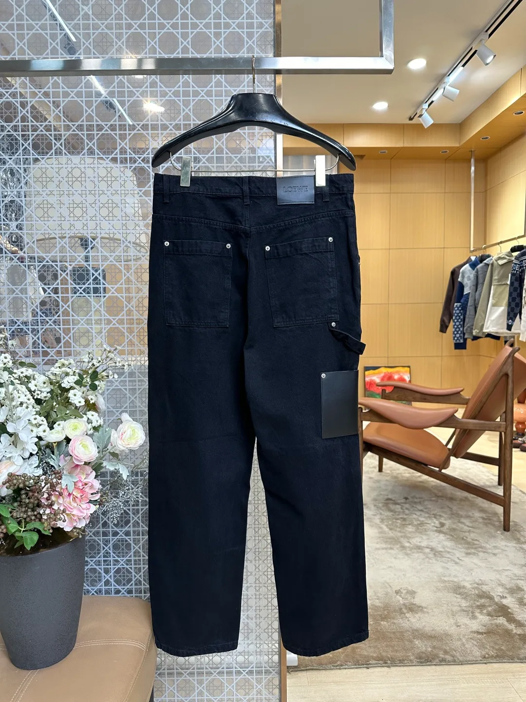 Leather Trim Wide-Leg Jeans - Rear View Black