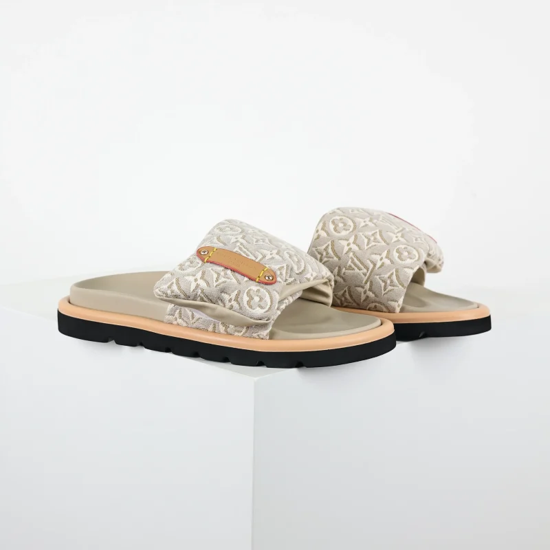 Pool Pillow monogrammed flip-flops, beige cloud pattern in milk tea design