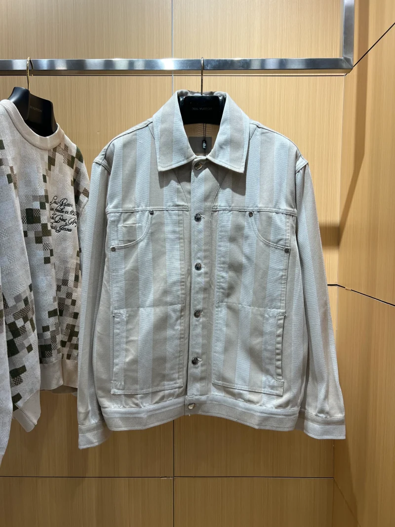 Striped Button-Down Work Jacket with Leather Label