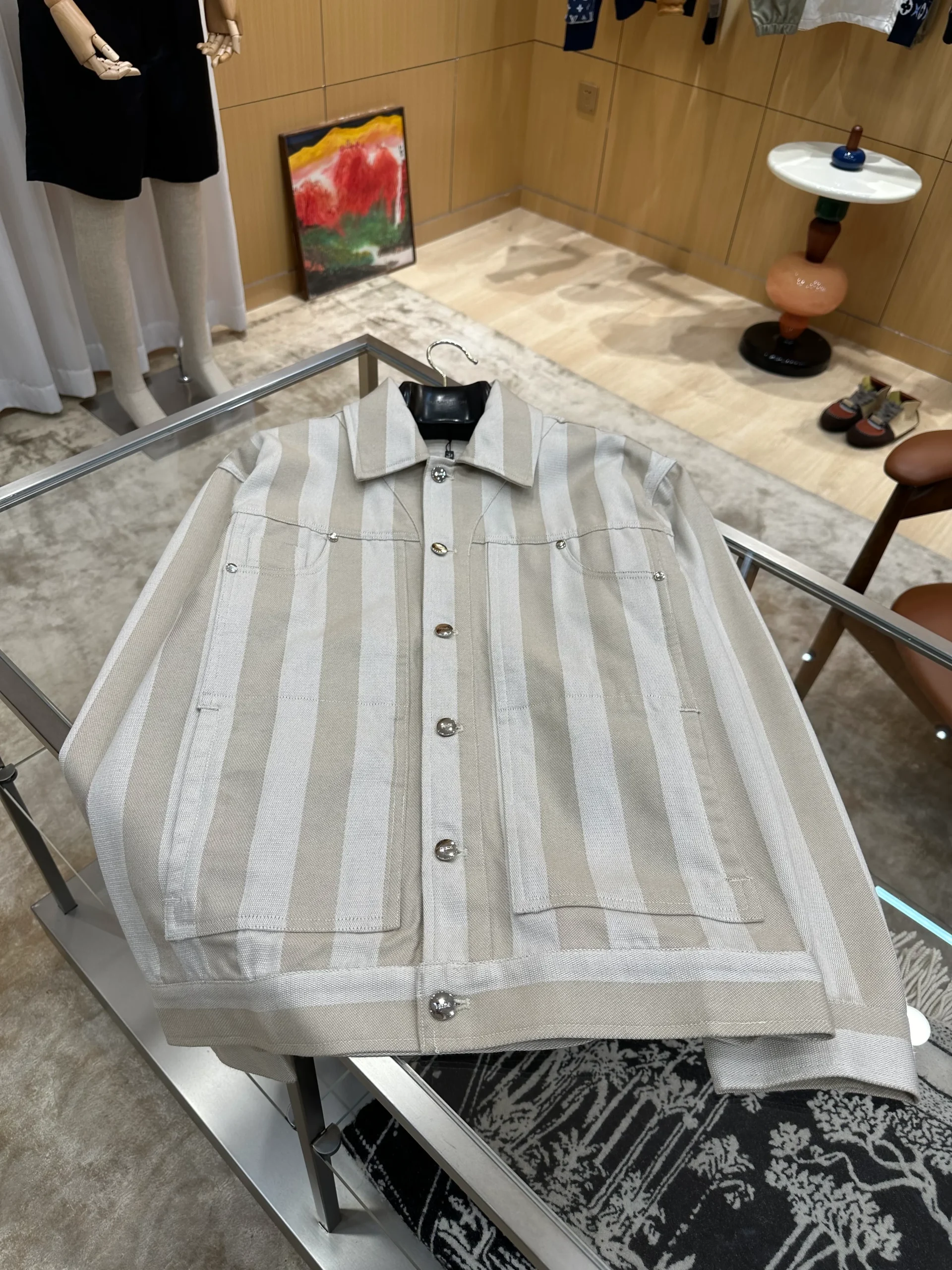 Striped Button-Down Work Jacket with Leather Label - Front View Horizontal
