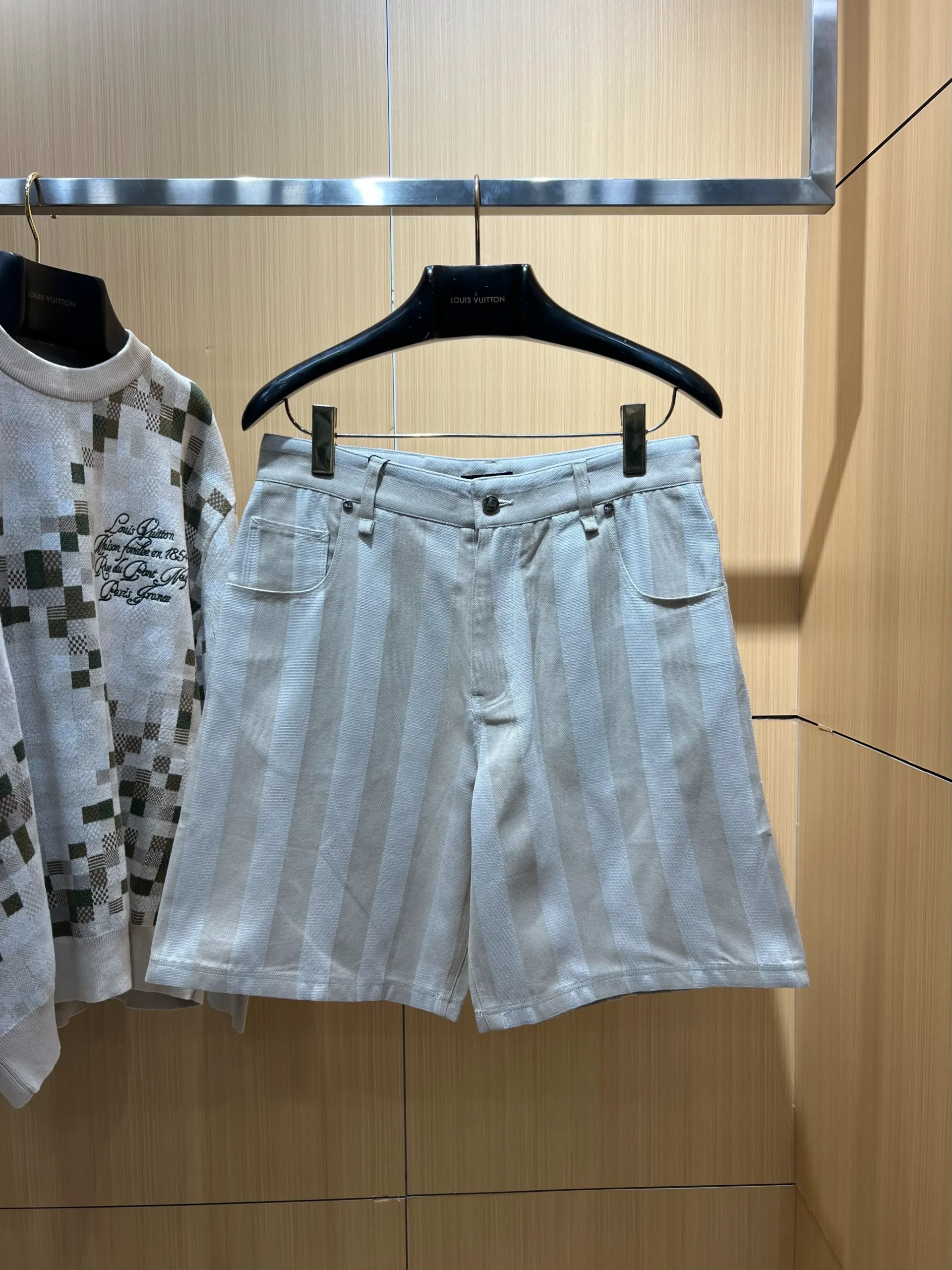 Striped Casual Shorts with Leather Patch Pocket - Front View on Cabinet