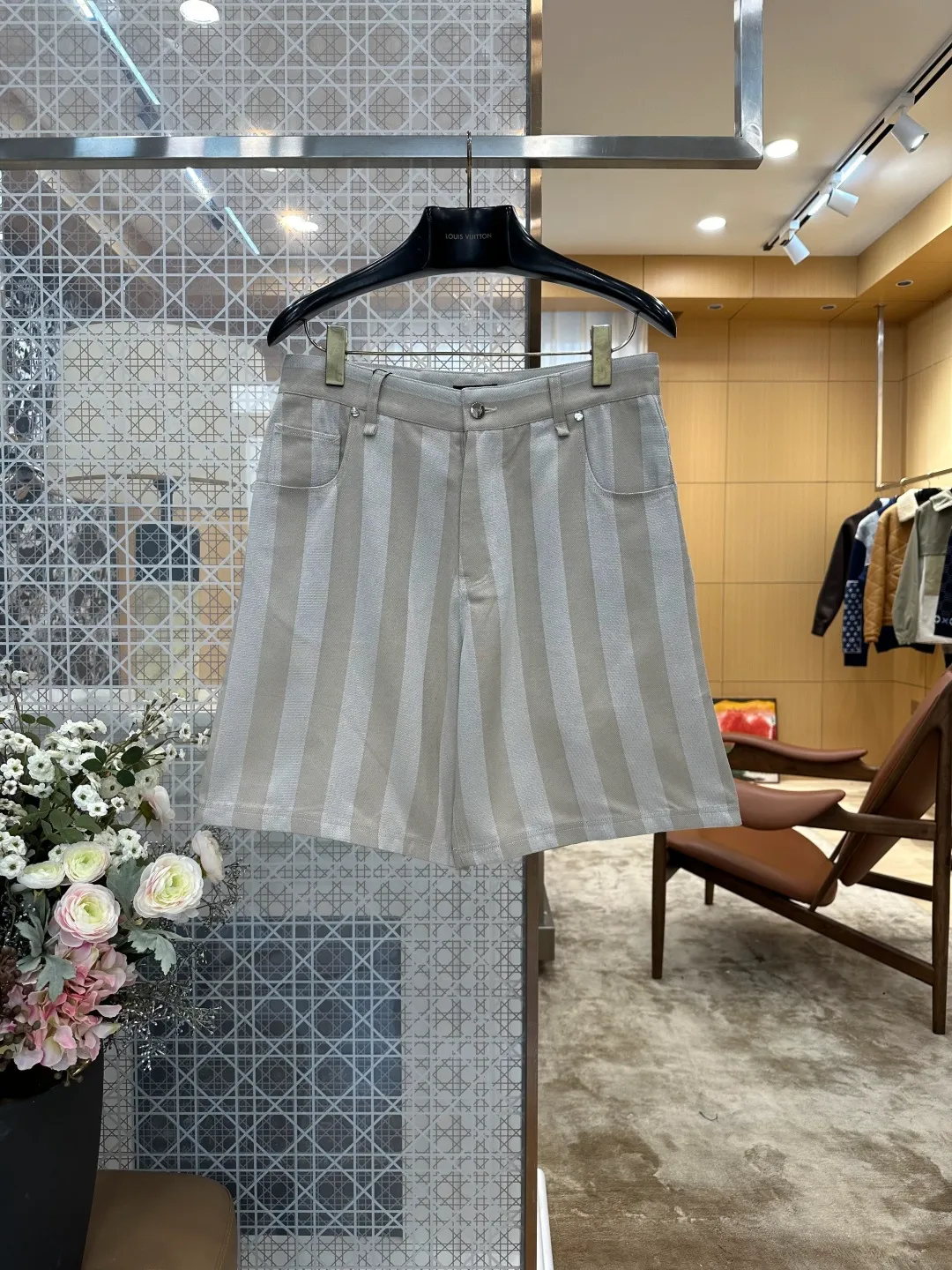 Striped Casual Shorts with Leather Patch Pocket - Front View