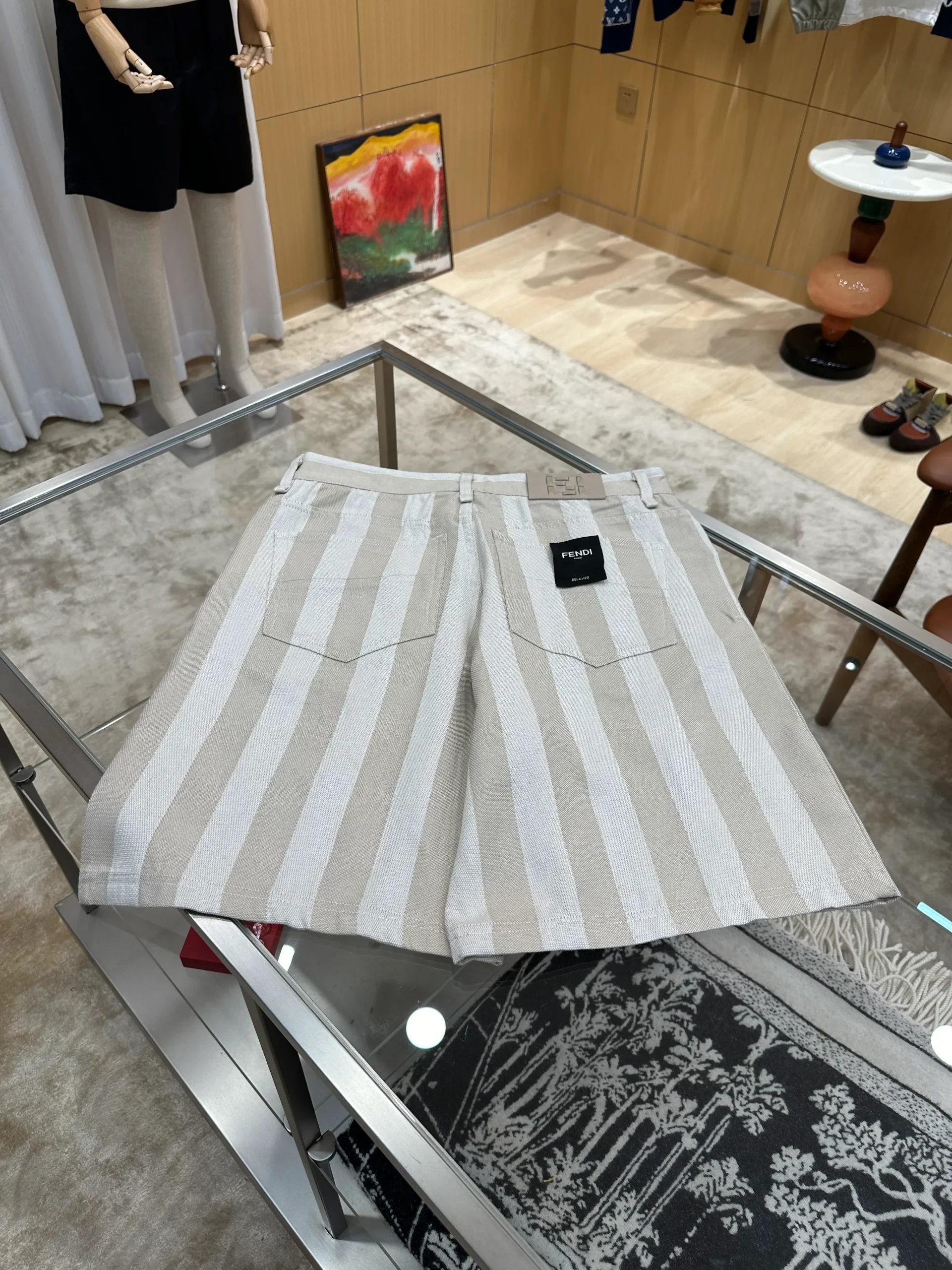 Striped Casual Shorts with Leather Patch Pocket - Rear View Horizontal
