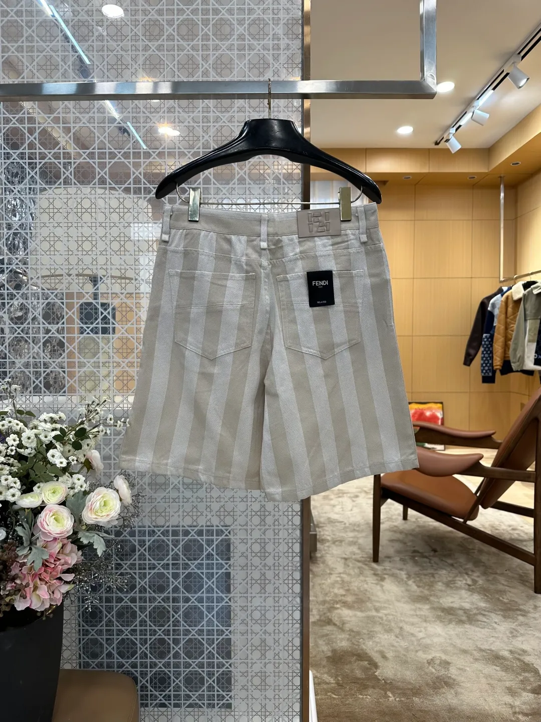 Striped Casual Shorts with Leather Patch Pocket - Rear View